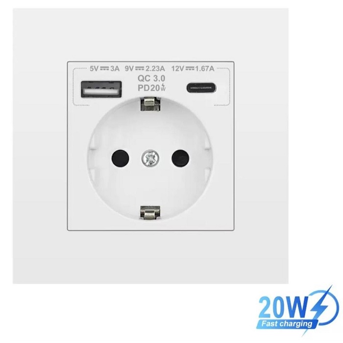 15 پریز برق توکار با خروجی USB A و TYPE-C با پشتیبانی فست شارژ - سفید رنگ - Image 1